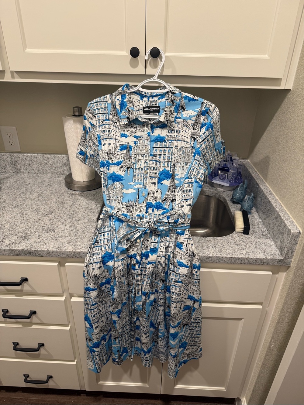 Karl Lagerfeld Blue & White Printed Midi Shirt Dress with Tie Waist